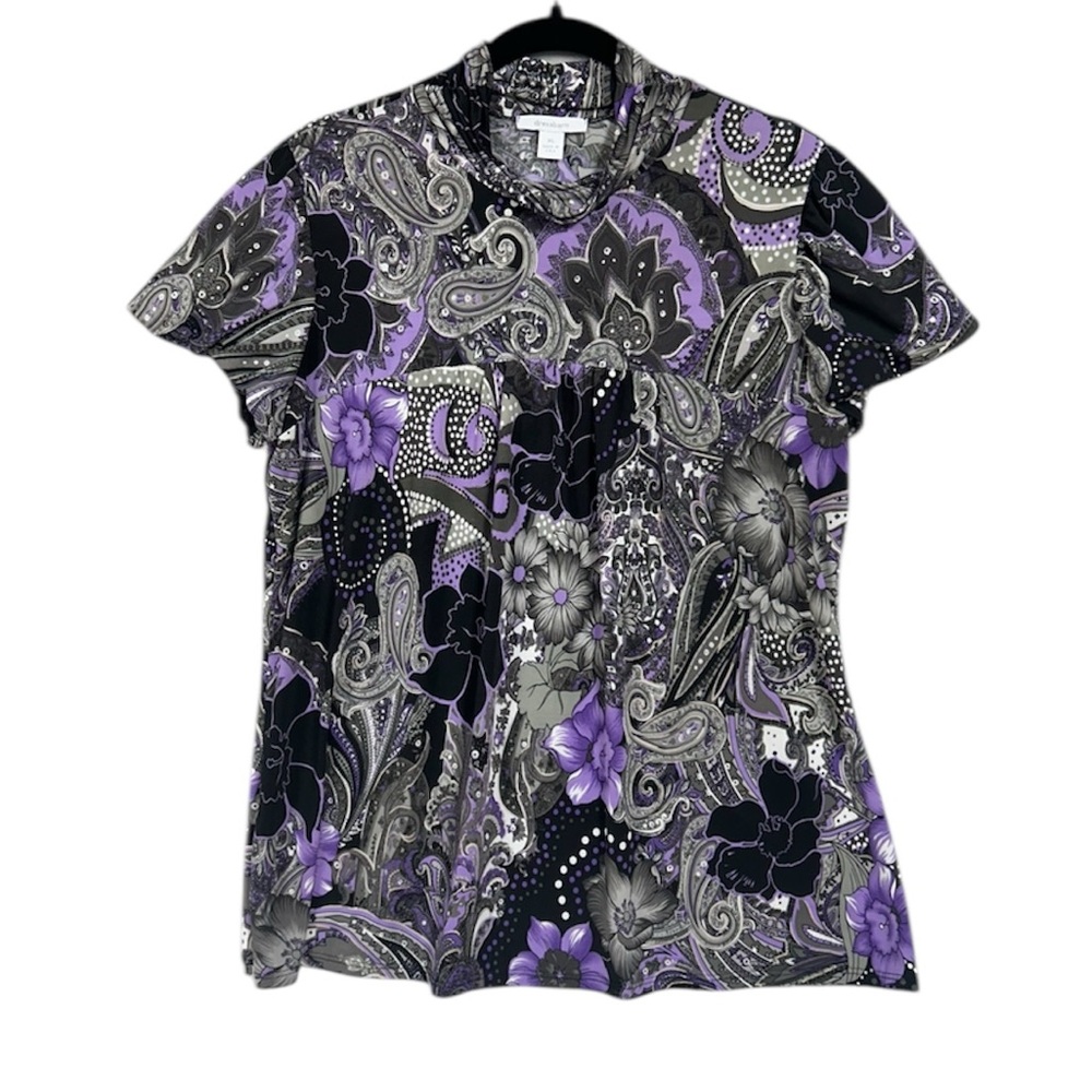 Dressbarn Paisley Dark Floral Puff Sleeve Y2K High Neck Blouse Sz XL - Picture 2 of 7